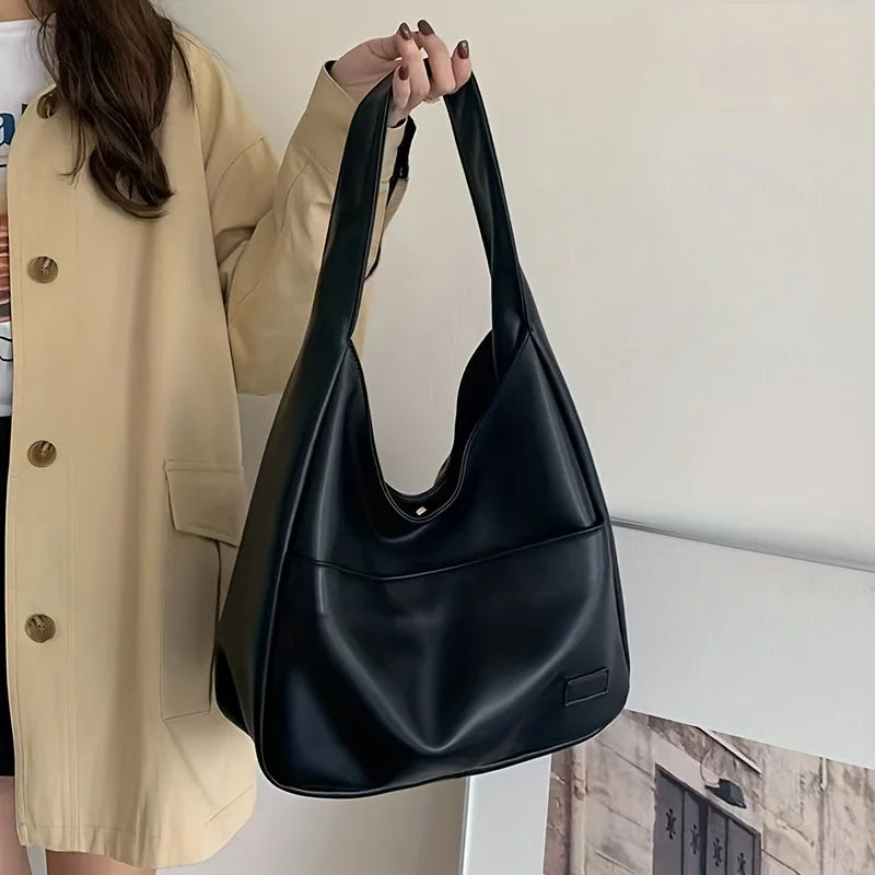 Bolsa feminina hobo simples couro pu bolsa de ombro sólida 2023 moda bolsa de grande capacidade para trabalho escolar