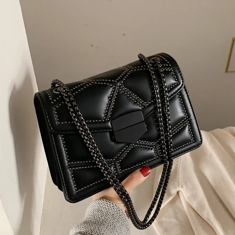 Yogodlns-Vintage Rivet Cadeia Pequenas Bolsas de Ombro para Mulheres, Flap PU Leather, Fashion Square Crossbody Bag, Designer Handbag
