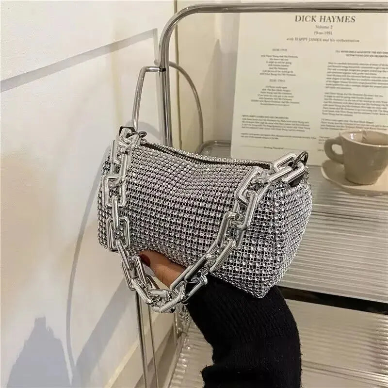 Allover Rhinestone Bucket Bag, Glitter Cadeia Prom Purse, Mini Bolsa Crossbody Feminina, 6,3x3,54 em