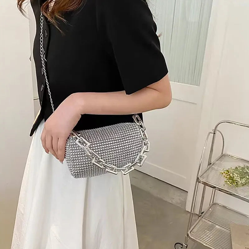 Allover Rhinestone Bucket Bag, Glitter Cadeia Prom Purse, Mini Bolsa Crossbody Feminina, 6,3x3,54 em