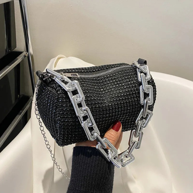 Allover Rhinestone Bucket Bag, Glitter Cadeia Prom Purse, Mini Bolsa Crossbody Feminina, 6,3x3,54 em