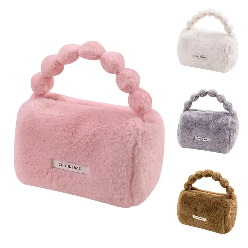 Moda bonito de pelúcia feminina tote saco de maquiagem viagem cosméticos bolsa de higiene organizador bolsa de armazenamento portátil compõem sacos para meninas