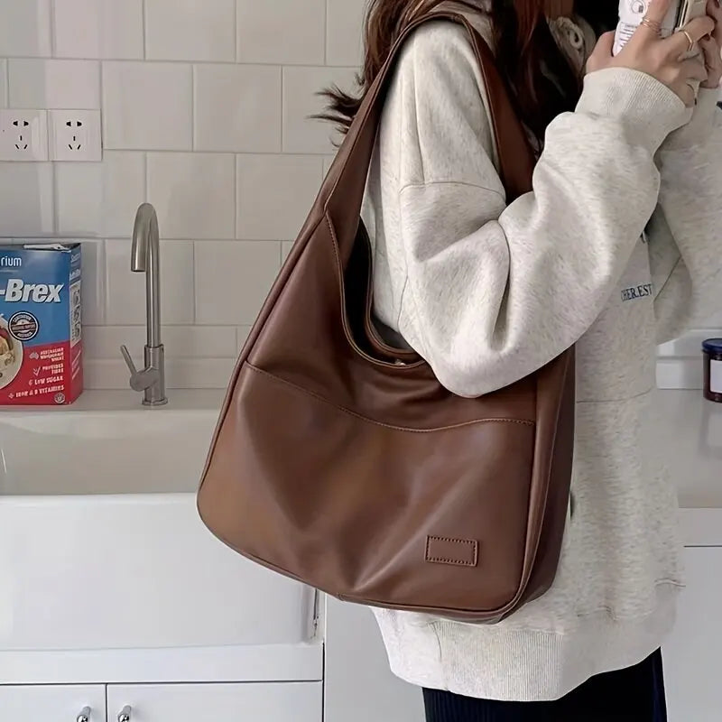 Bolsa feminina hobo simples couro pu bolsa de ombro sólida 2023 moda bolsa de grande capacidade para trabalho escolar
