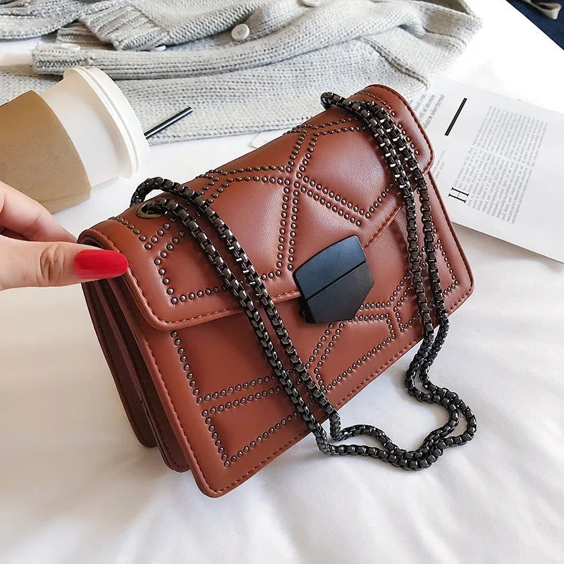 Yogodlns-Vintage Rivet Cadeia Pequenas Bolsas de Ombro para Mulheres, Flap PU Leather, Fashion Square Crossbody Bag, Designer Handbag
