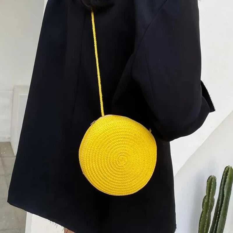 Bolsa De Palha Minimalista Rodada Crossbody Bolsa Mulheres Ombro Vocação Estilo Bolsa