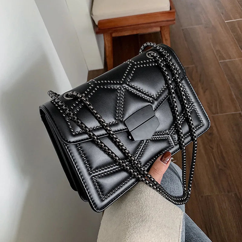 Yogodlns-Vintage Rivet Cadeia Pequenas Bolsas de Ombro para Mulheres, Flap PU Leather, Fashion Square Crossbody Bag, Designer Handbag