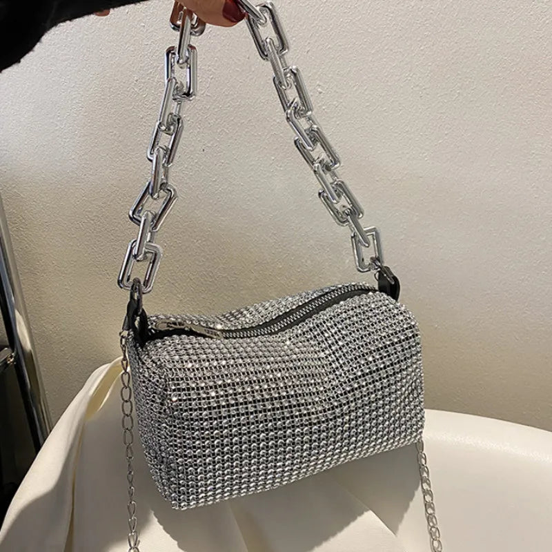 Allover Rhinestone Bucket Bag, Glitter Cadeia Prom Purse, Mini Bolsa Crossbody Feminina, 6,3x3,54 em
