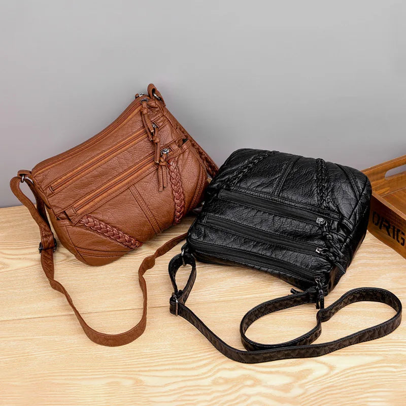 Bolsa de ombro crossbody retrô para mulheres Bolsa de couro macio cor sólida vintage