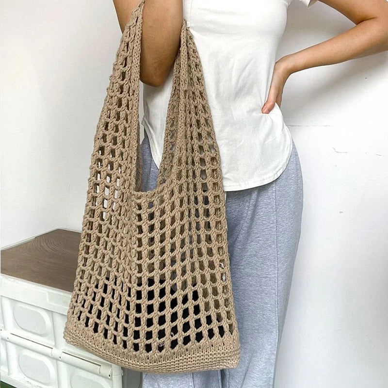 Bolsa de ombro tecida boêmia para mulheres, bolsas estéticas de crochê moda, bolsa de praia, verão