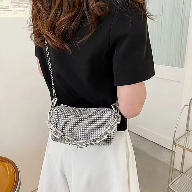 Allover Rhinestone Bucket Bag, Glitter Cadeia Prom Purse, Mini Bolsa Crossbody Feminina, 6,3x3,54 em