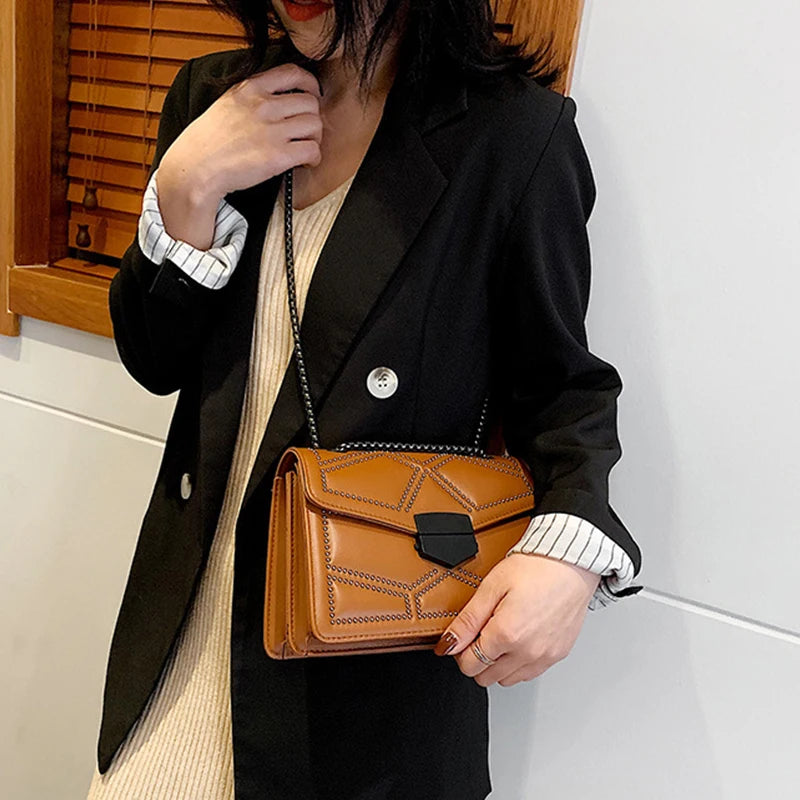 Yogodlns-Vintage Rivet Cadeia Pequenas Bolsas de Ombro para Mulheres, Flap PU Leather, Fashion Square Crossbody Bag, Designer Handbag