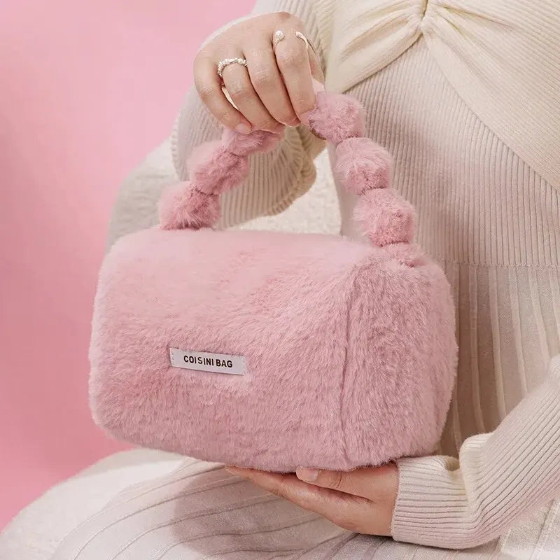 Moda bonito de pelúcia feminina tote saco de maquiagem viagem cosméticos bolsa de higiene organizador bolsa de armazenamento portátil compõem sacos para meninas