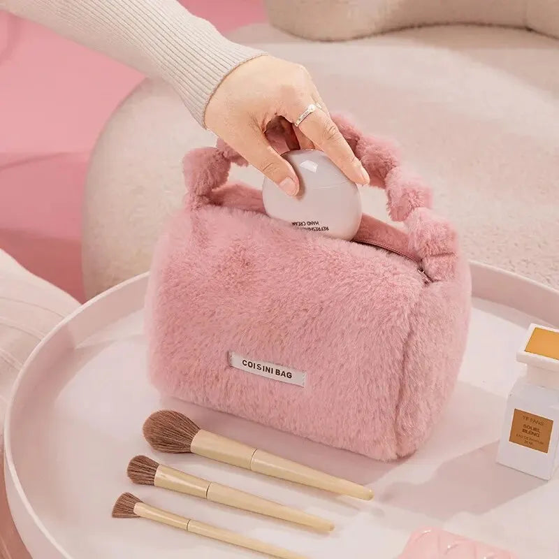 Moda bonito de pelúcia feminina tote saco de maquiagem viagem cosméticos bolsa de higiene organizador bolsa de armazenamento portátil compõem sacos para meninas