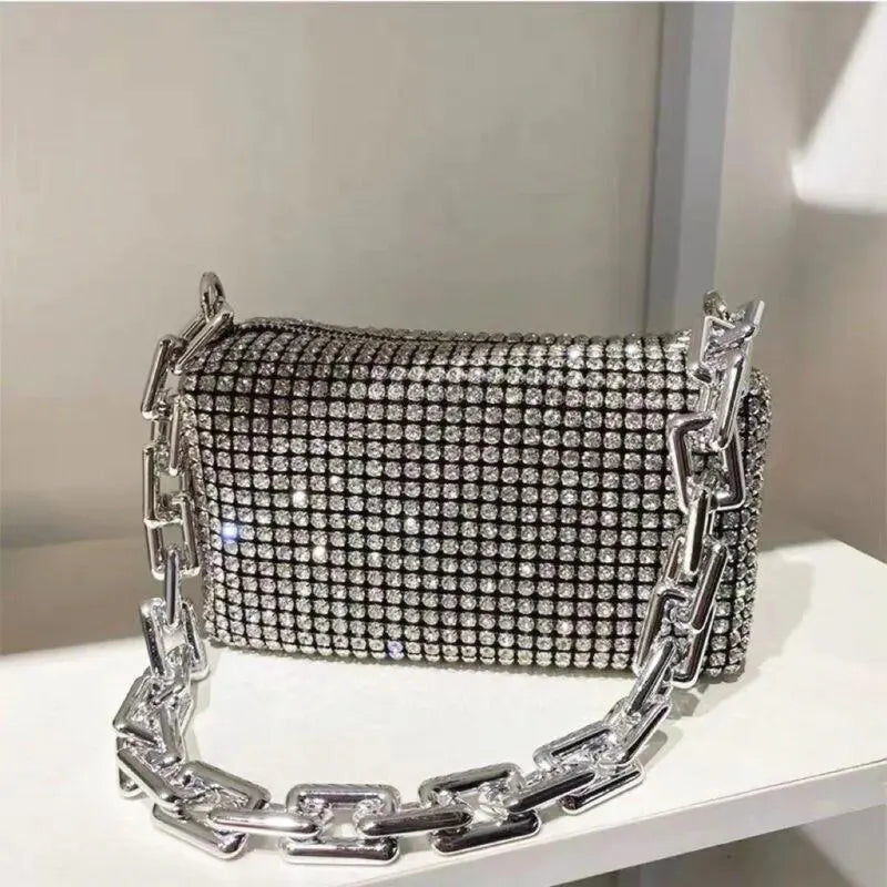 Allover Rhinestone Bucket Bag, Glitter Cadeia Prom Purse, Mini Bolsa Crossbody Feminina, 6,3x3,54 em