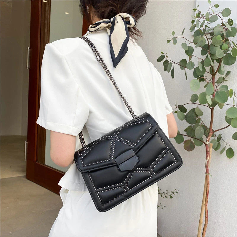 Yogodlns-Vintage Rivet Cadeia Pequenas Bolsas de Ombro para Mulheres, Flap PU Leather, Fashion Square Crossbody Bag, Designer Handbag